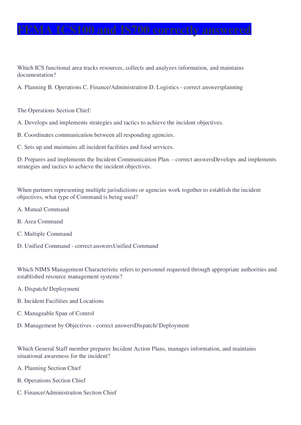 Preview image for FEMA ICS100 and IS700 correctly answered